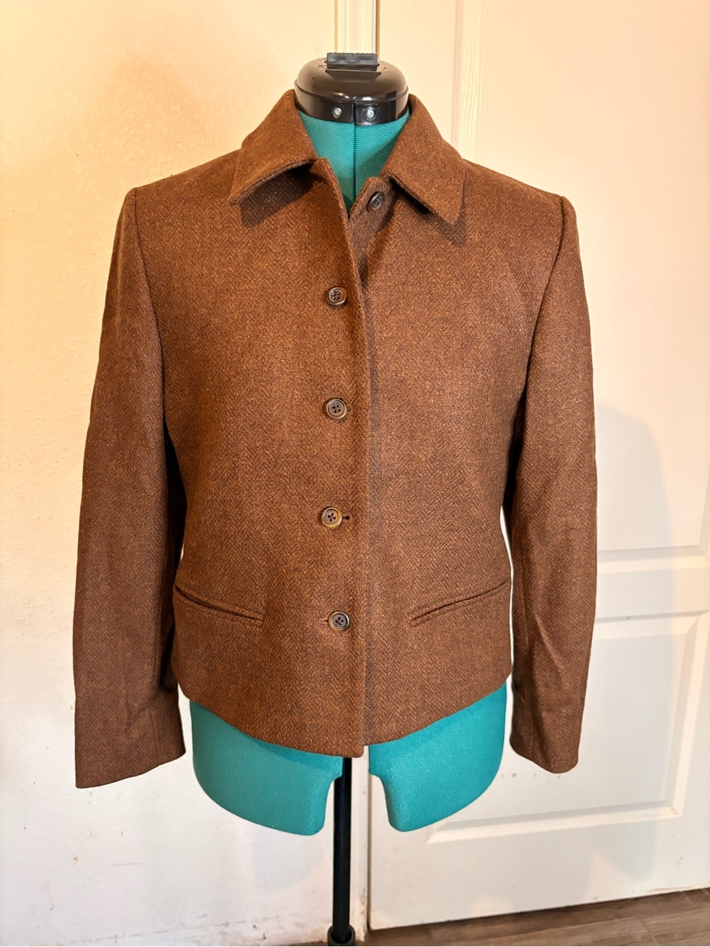 Lands' End Brown Herringbone Wool-Blend Pea Coat